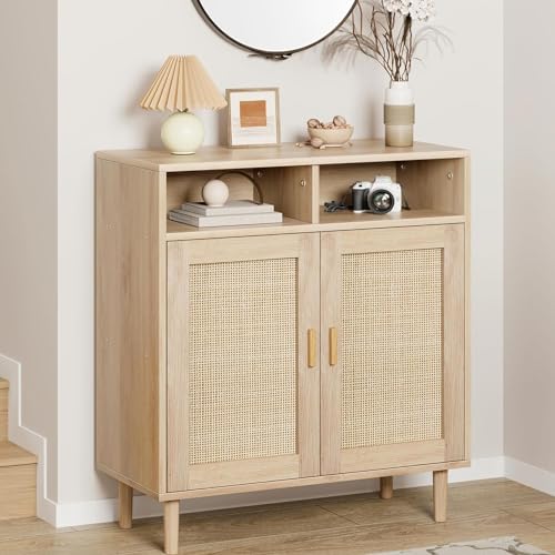 Litake Sideboard Rattan, 80x 92x 40 cm Anrichte mit 2 Offenem Fach & 2 Rattan Türen, Kommode Holz Buffetschrank Aufbewahrungsschrank Konsolentisch Kaffeebarschrank TV-Ständer,Natur