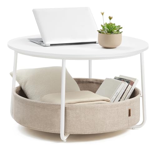 VASAGLE Couchtisch rund, Tisch mit Stauraum, Beistelltisch, Wohnzimmertisch mit Korb aus Stoff, modern, Metallrahmen, mattweiß-Kamelbraun LCT244W10 – Bild 2