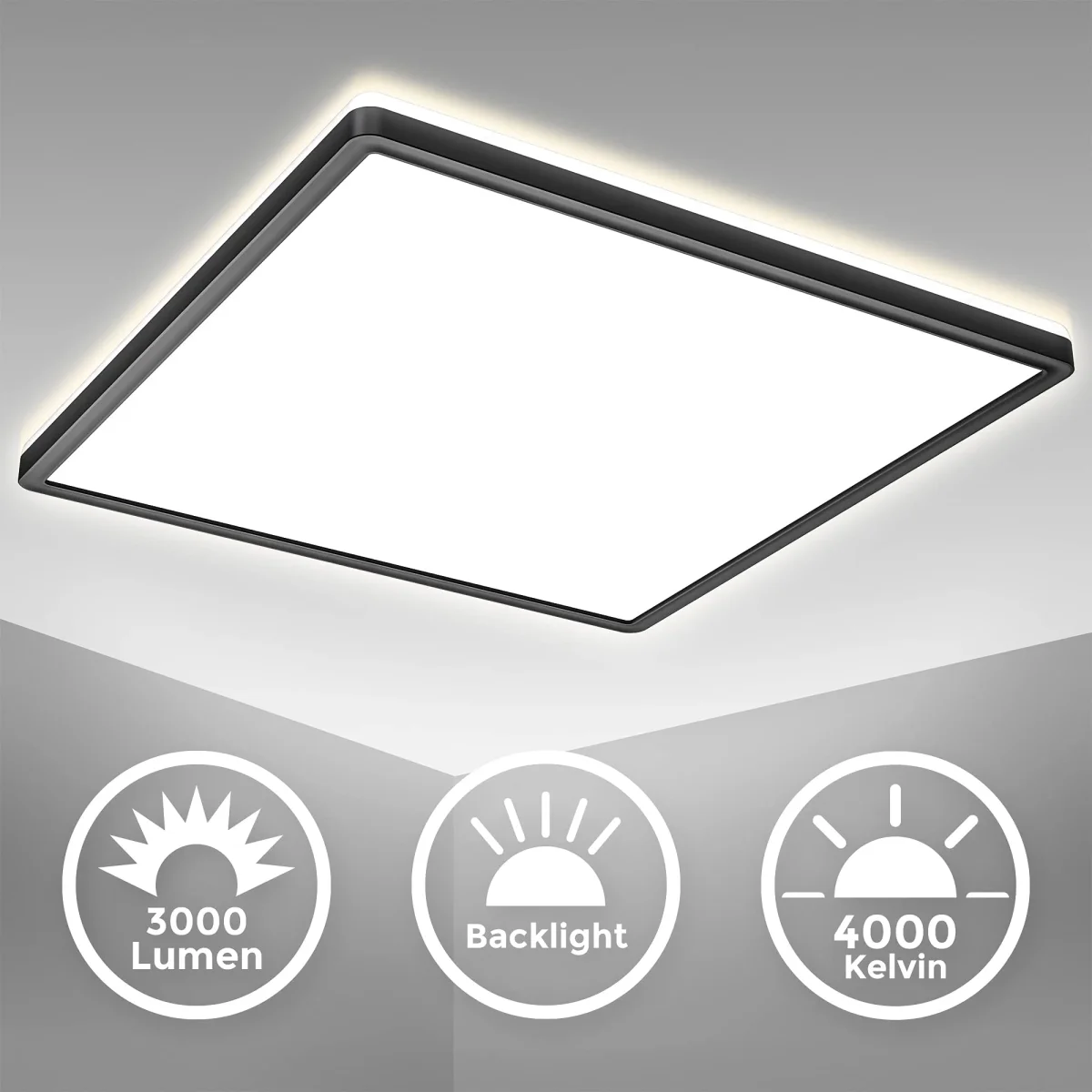 B.K.Licht - LED Deckenlampe mit indirektem Licht, ultraflach, neutralweiße Lichtfarbe, LED Panel, Deckenleuchte, Lampe, Wohnzimmerlampe, Schlafzimmerlampe, Küchenlampe, 42x42x2,9 cm, Schwarz – Bild 8
