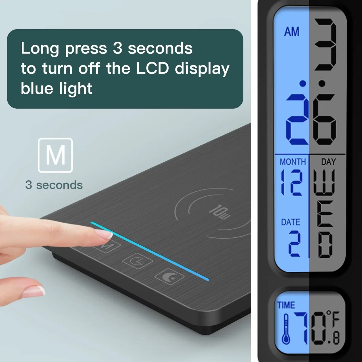 Schreibtischlampe LED Dimmbar mit Ladefunktion Uhr - Tischlampe Nachtlicht mit 10W Kabellosem Ladegerät, USB-Ladeanschluss Klappbare Schreibtisch Lampe, Touch 5-stufig Dimmbare Beleuchtung, 3 Modi – Bild 6
