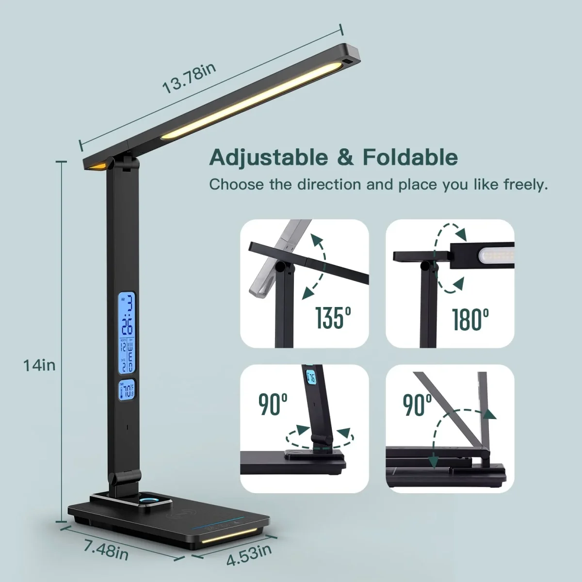 Schreibtischlampe LED Dimmbar mit Ladefunktion Uhr - Tischlampe Nachtlicht mit 10W Kabellosem Ladegerät, USB-Ladeanschluss Klappbare Schreibtisch Lampe, Touch 5-stufig Dimmbare Beleuchtung, 3 Modi – Bild 5