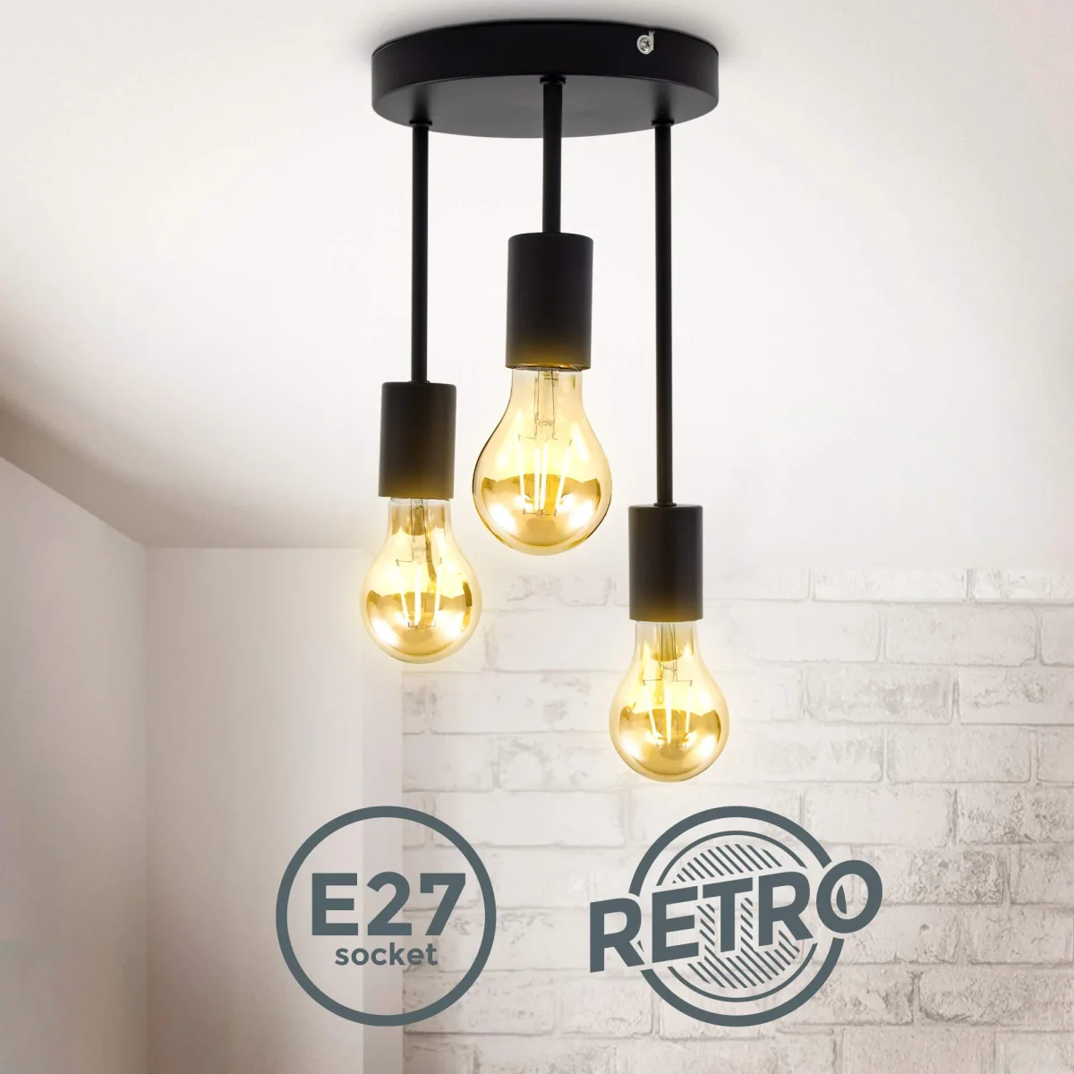 B.K.Licht - Deckenlampe mit E27 Fassung, max. 60 Watt, Vintage, Deckenleuchte, Lampe, Wohnzimmerlampe, Schlafzimmerlampe, Küchenlampe, Deckenbeleuchtung, Retro, Flur, 19x31 cm, Schwarz – Bild 7