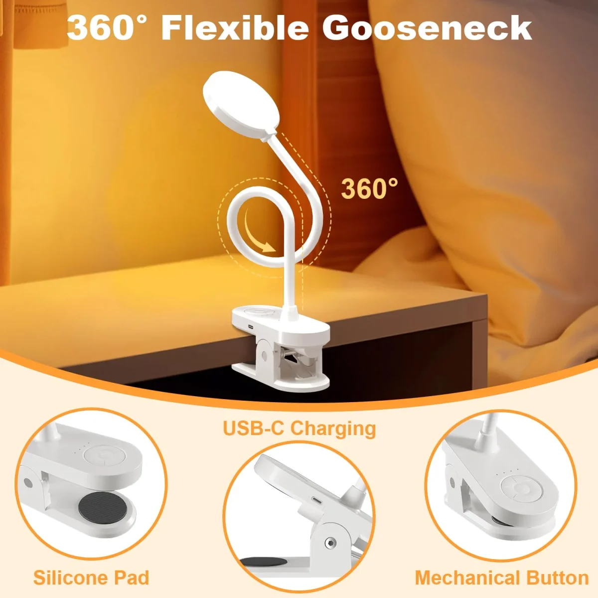 ZAPLIT 61 LED Akku Leselampe Bett –【3 Farbmodi & 10 Helligkeiten】 2000mAh Klemmlampe mit USB-C, 40cm Flexibler Schwanenhals, Buchlampe, Klemmleuchte für Schlafzimmer, Schreibtisch & Camping – Bild 4