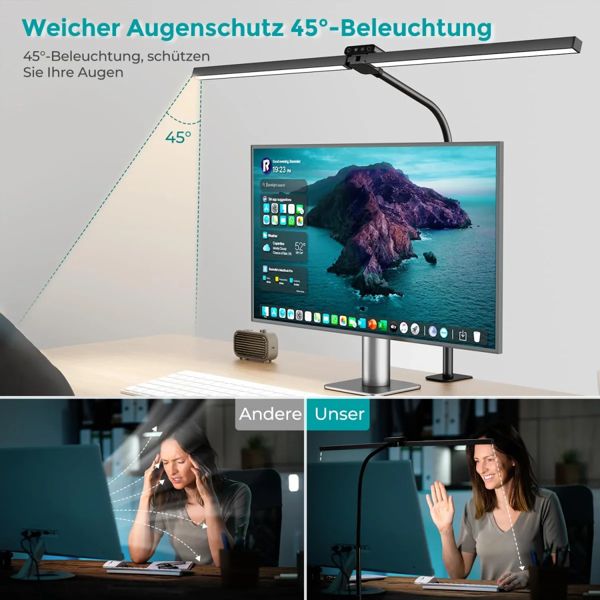 vatato Doppelkopf Schreibtischlampe LED, Dimmbar 24W 80CM Schreibtischlampe für Homeoffice, klemmbar Augenschutz Tageslichtlampe mit Fernbedienungen, 5 Farb 5 Helligkeit Büro Tischlampe (schwarz) – Bild 6