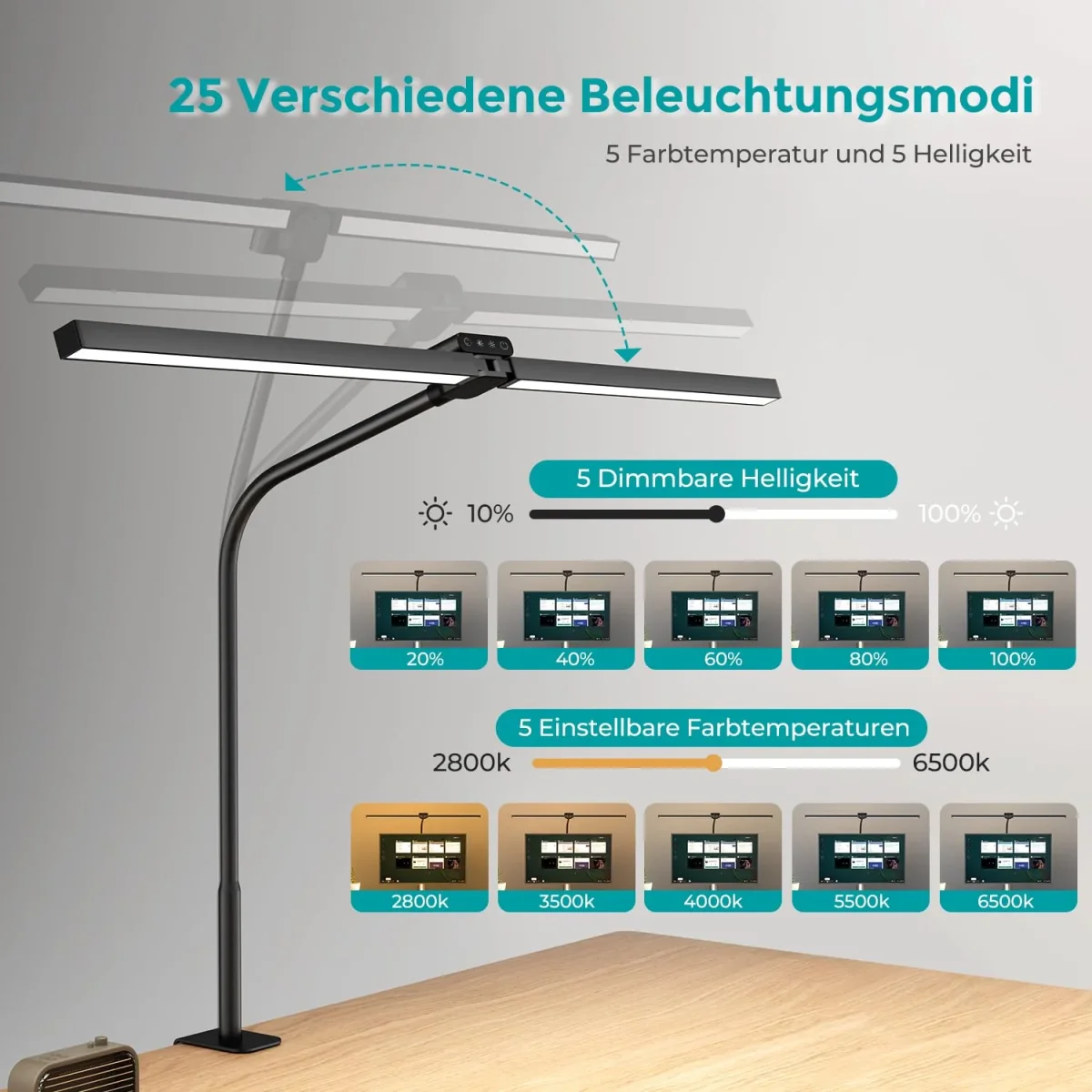 vatato Doppelkopf Schreibtischlampe LED, Dimmbar 24W 80CM Schreibtischlampe für Homeoffice, klemmbar Augenschutz Tageslichtlampe mit Fernbedienungen, 5 Farb 5 Helligkeit Büro Tischlampe (schwarz) – Bild 8