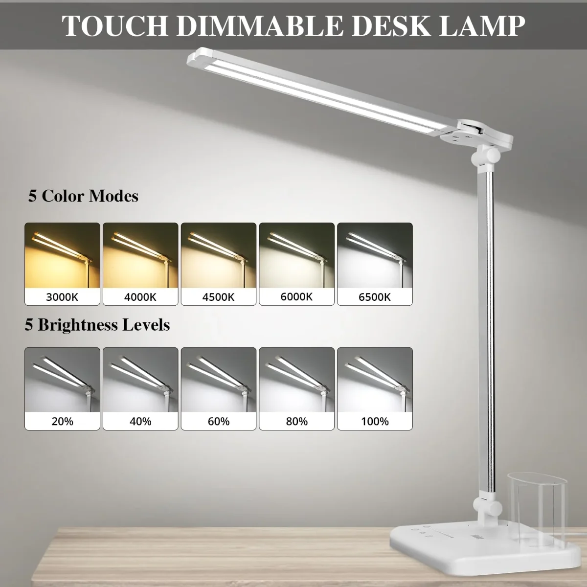 iVict Dual Swing Arm LED Schreibtischlampe, 5-Modi Touch Control Helligkeitsstufen Schreibtischlicht mit 45-Minuten Auto-Off Timer, USB-Ladeanschluss, Speicherfunktion, Schreibtischlampen für Kinder – Bild 7