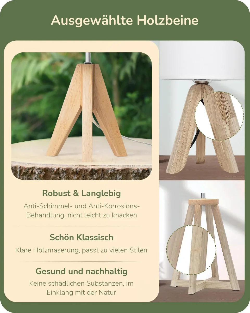 EDISHINE Tischlampe Vintage, Nachttischlampe Grün, Stativ Holz LED Tischleuchte, Retro Landhaus, E27 Lampe, Lampenschirm aus Leinen, für Deko Schlafzimmer, Wohnzimmer – Bild 9