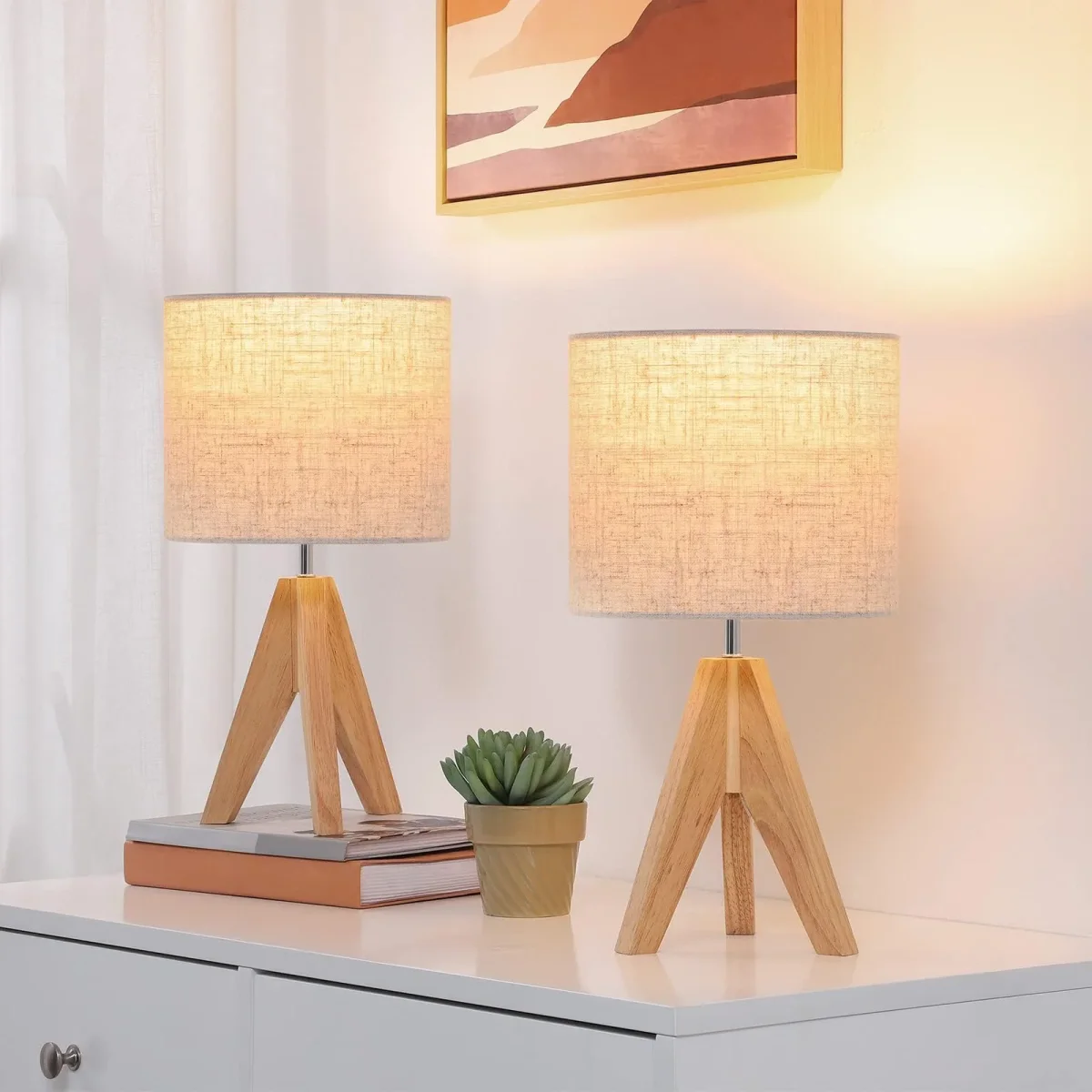 EDISHINE 2er Set Tischlampe Holz, LED Nachttischlampe mit beigem Leinen-Lampenschirm, E27 Fassung, inkl. Leuchtmittel, Vintage Tischleuchte für Schlafzimmer, Wohnzimmer, Geschenk – Bild 2