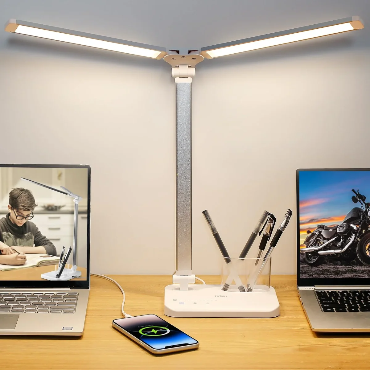 iVict Dual Swing Arm LED Schreibtischlampe, 5-Modi Touch Control Helligkeitsstufen Schreibtischlicht mit 45-Minuten Auto-Off Timer, USB-Ladeanschluss, Speicherfunktion, Schreibtischlampen für Kinder – Bild 2