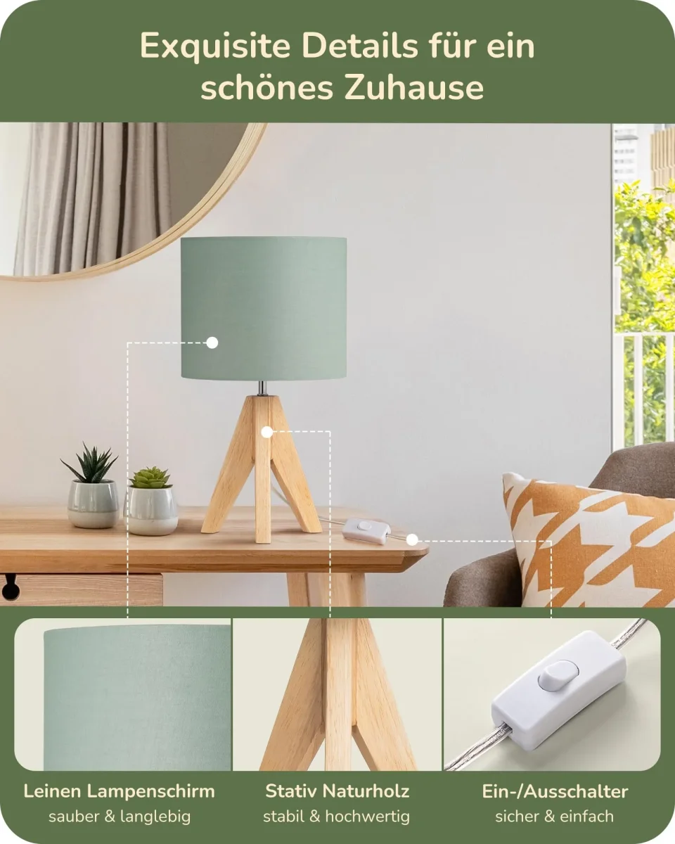 EDISHINE Tischlampe Vintage, Nachttischlampe Grün, Stativ Holz LED Tischleuchte, Retro Landhaus, E27 Lampe, Lampenschirm aus Leinen, für Deko Schlafzimmer, Wohnzimmer – Bild 7