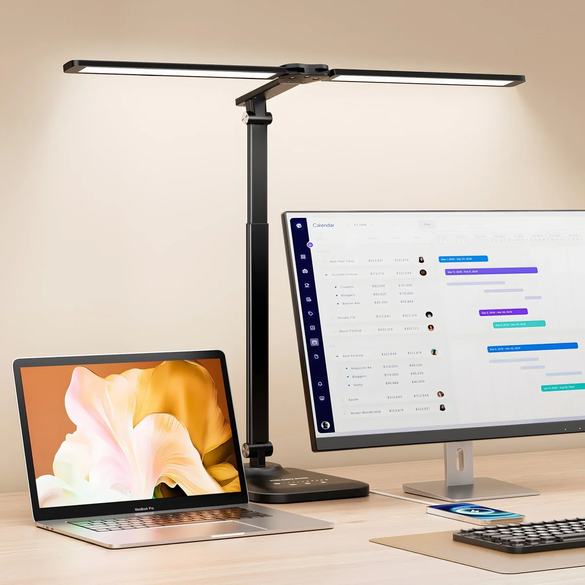 CHARYJOD Doppelkopf Schreibtischlampe LED Dimmbar, Dehnbare LED Schreibtischlampe,Schreibtisch Lampe hat 5-Farbtemperaturen und 10-Helligkeitsstufen, USB-Ladeanschluss – Bild 2