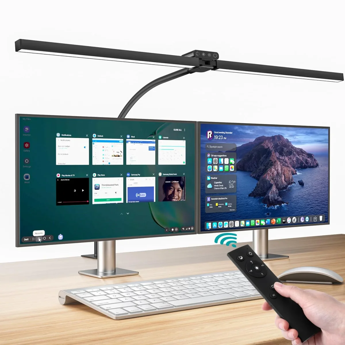 vatato Doppelkopf Schreibtischlampe LED, Dimmbar 24W 80CM Schreibtischlampe für Homeoffice, klemmbar Augenschutz Tageslichtlampe mit Fernbedienungen, 5 Farb 5 Helligkeit Büro Tischlampe (schwarz) – Bild 2