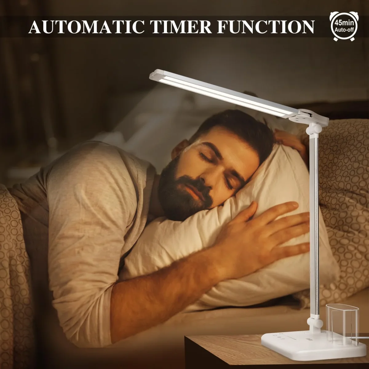 iVict Dual Swing Arm LED Schreibtischlampe, 5-Modi Touch Control Helligkeitsstufen Schreibtischlicht mit 45-Minuten Auto-Off Timer, USB-Ladeanschluss, Speicherfunktion, Schreibtischlampen für Kinder – Bild 5