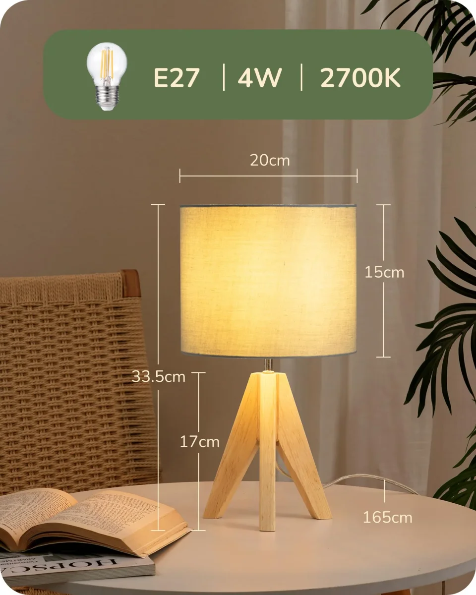 EDISHINE Tischlampe Vintage, Nachttischlampe Grün, Stativ Holz LED Tischleuchte, Retro Landhaus, E27 Lampe, Lampenschirm aus Leinen, für Deko Schlafzimmer, Wohnzimmer – Bild 8