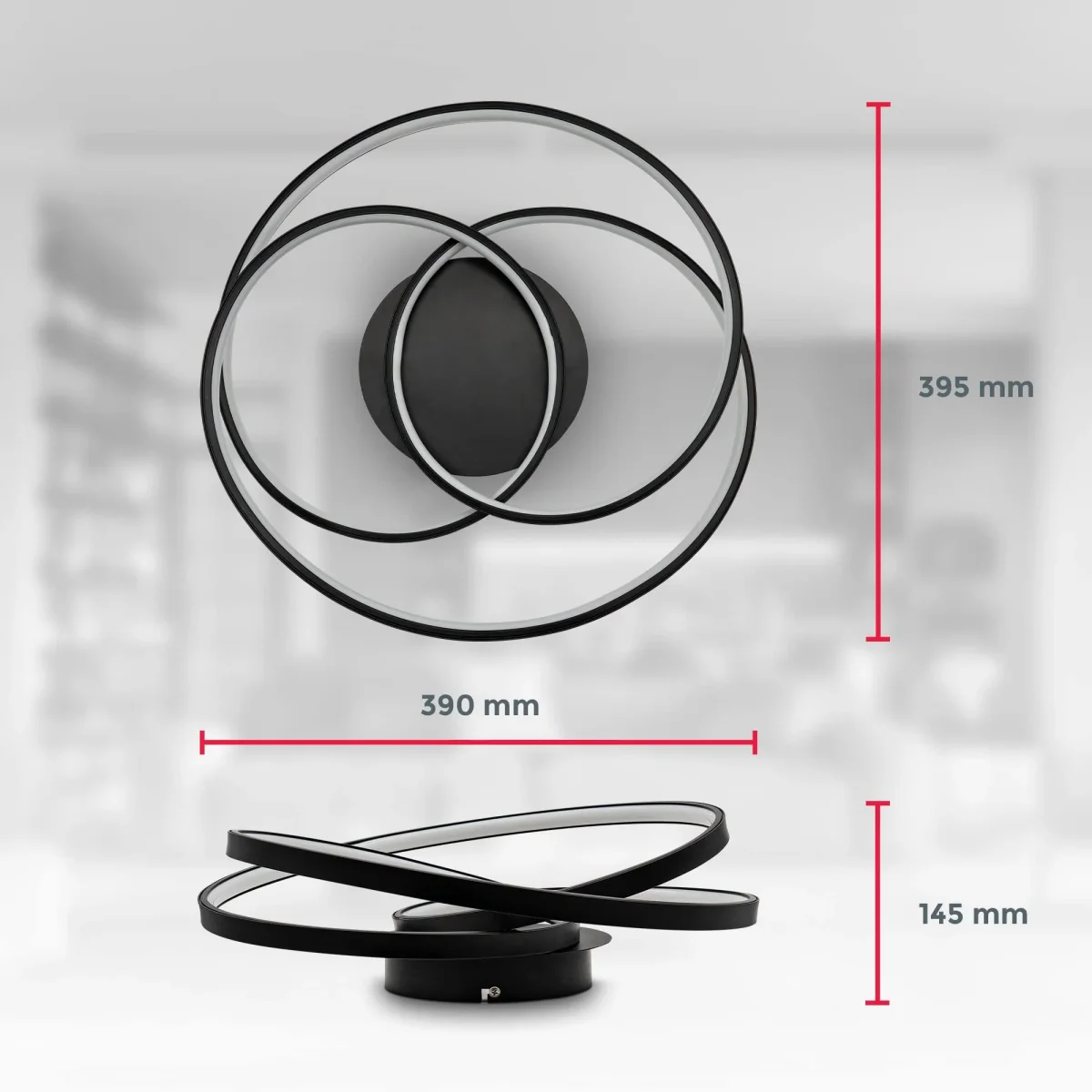 B.K.Licht - LED Deckenlampe mit warmweißer Lichtfarbe, geschwungenes Design, 35 Watt, 4600 Lumen, LED Deckenleuchte, Lampe, Wohnzimmerlampe, Schlafzimmerlampe, Küchenlampe, 39x39,5x14,5 cm, Schwarz – Bild 4