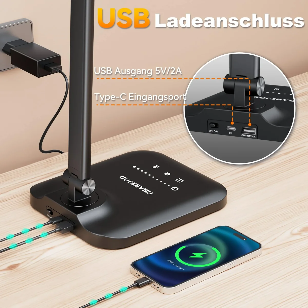 CHARYJOD Doppelkopf Schreibtischlampe LED Dimmbar, Dehnbare LED Schreibtischlampe,Schreibtisch Lampe hat 5-Farbtemperaturen und 10-Helligkeitsstufen, USB-Ladeanschluss – Bild 3
