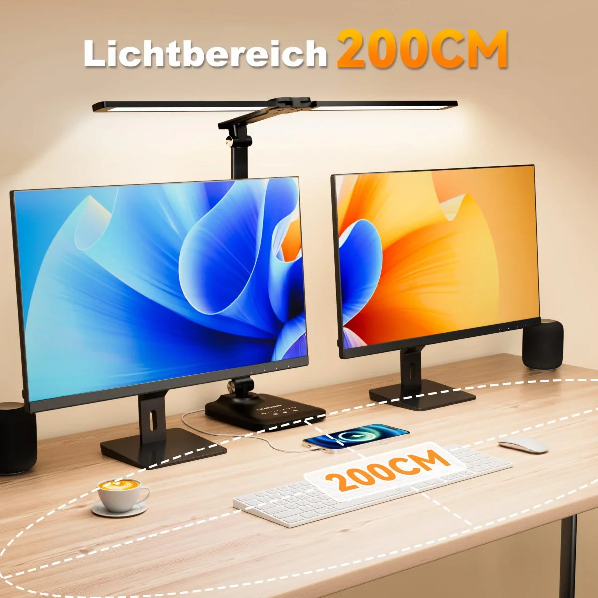 CHARYJOD Doppelkopf Schreibtischlampe LED Dimmbar, Dehnbare LED Schreibtischlampe,Schreibtisch Lampe hat 5-Farbtemperaturen und 10-Helligkeitsstufen, USB-Ladeanschluss – Bild 4