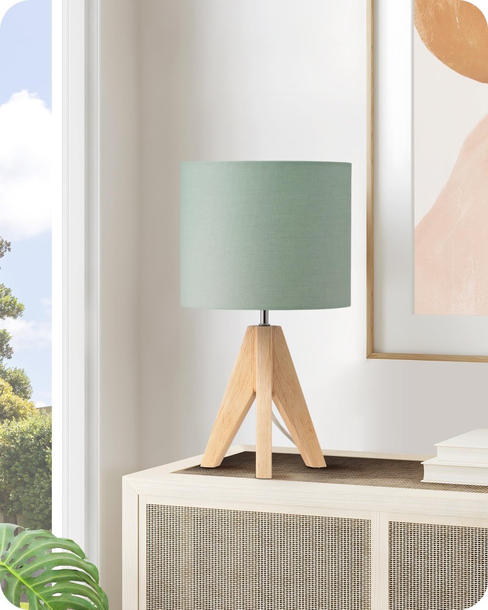 EDISHINE Tischlampe Vintage, Nachttischlampe Grün, Stativ Holz LED Tischleuchte, Retro Landhaus, E27 Lampe, Lampenschirm aus Leinen, für Deko Schlafzimmer, Wohnzimmer – Bild 2