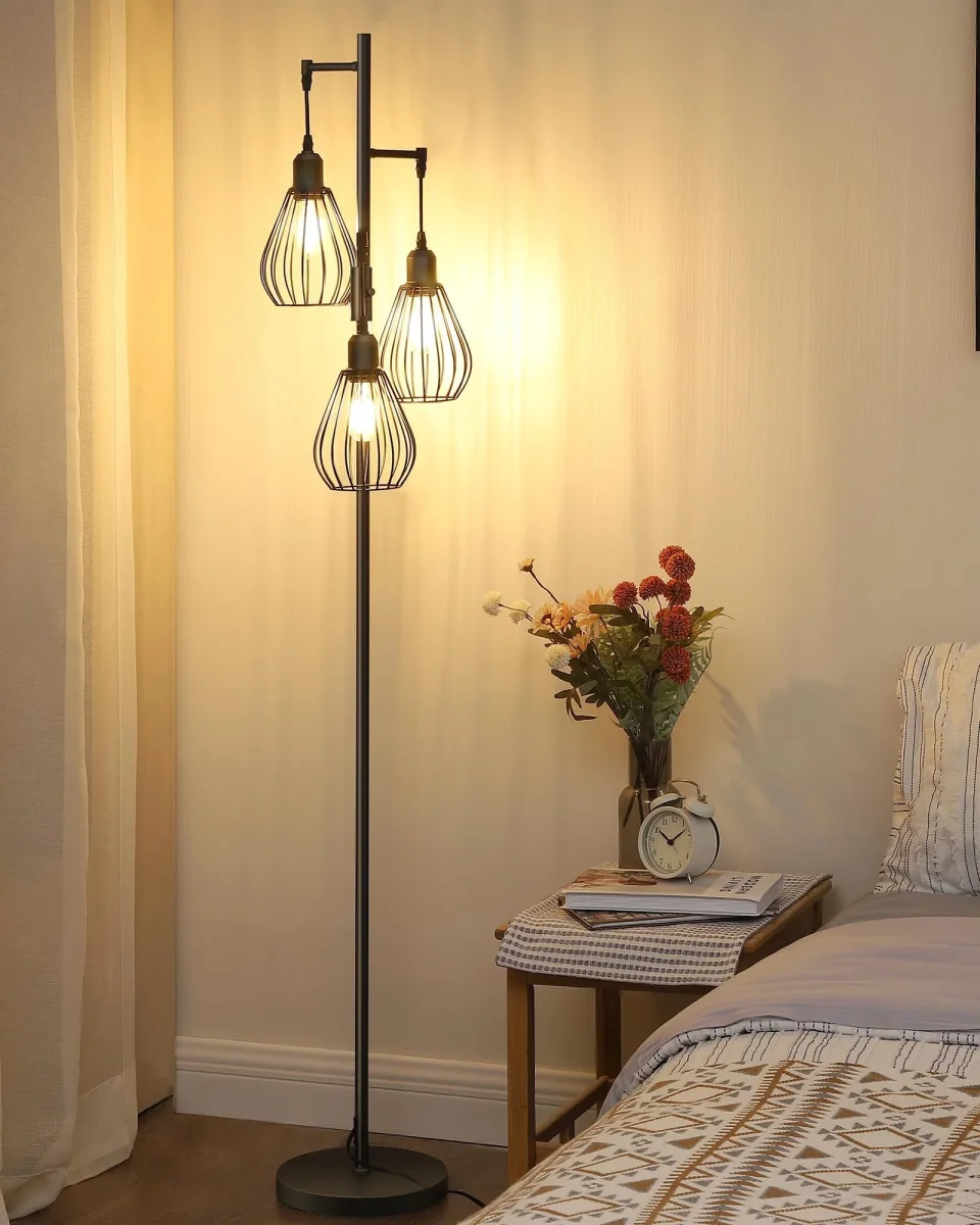 EDISHINE Stehlampe Wohnzimmer, 3-flammige Stehleuchte Dimmbar mit E27 LED-Glühbirnen, Käfig Lampenschirm aus Metall, 2700K warmweiß, Industrial Standleuchte für Schlafzimmer und Büro, 166 cm, Schwarz – Bild 2