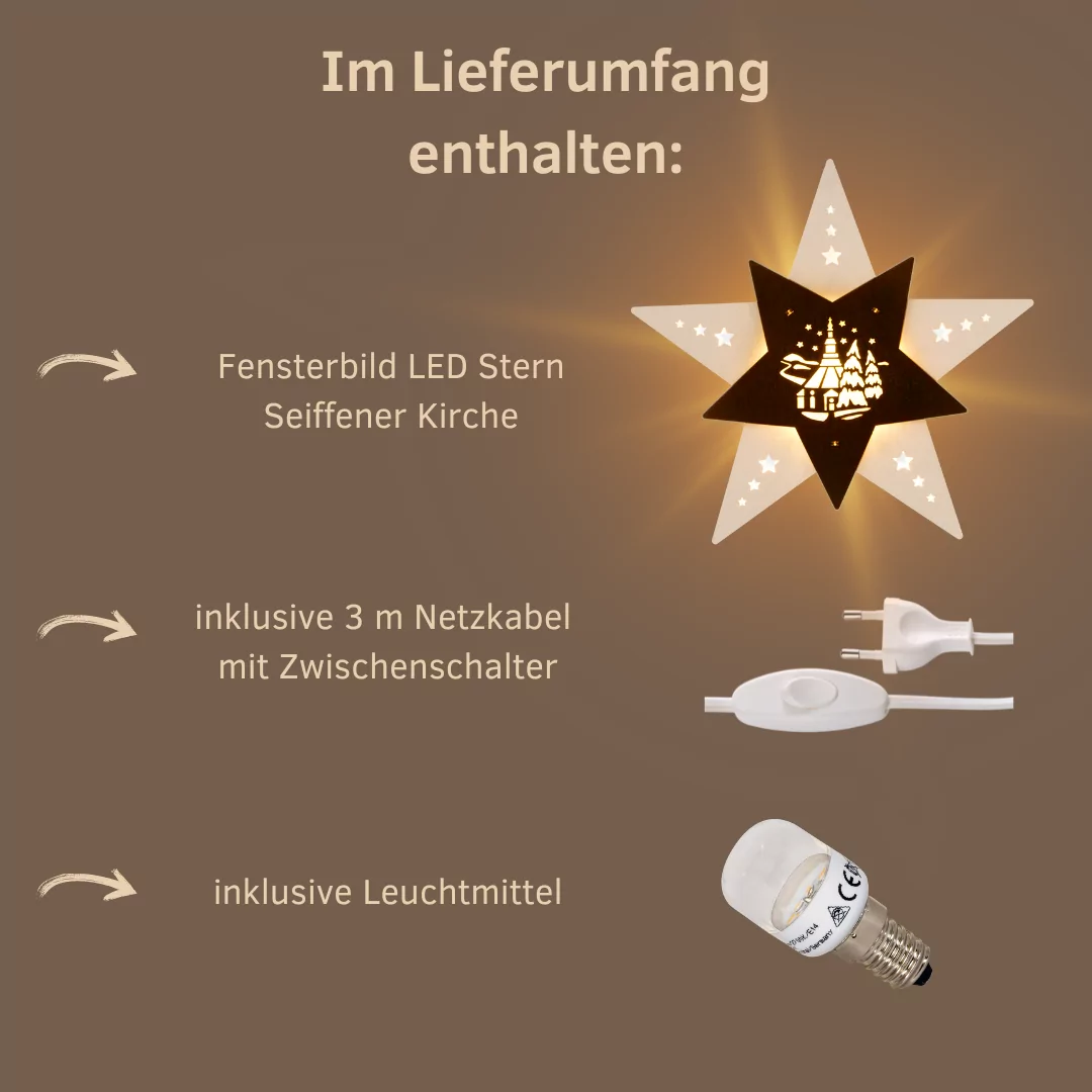 Fensterbild Stern Seiffener Kirche Weiß/Braun LED – Bild 5